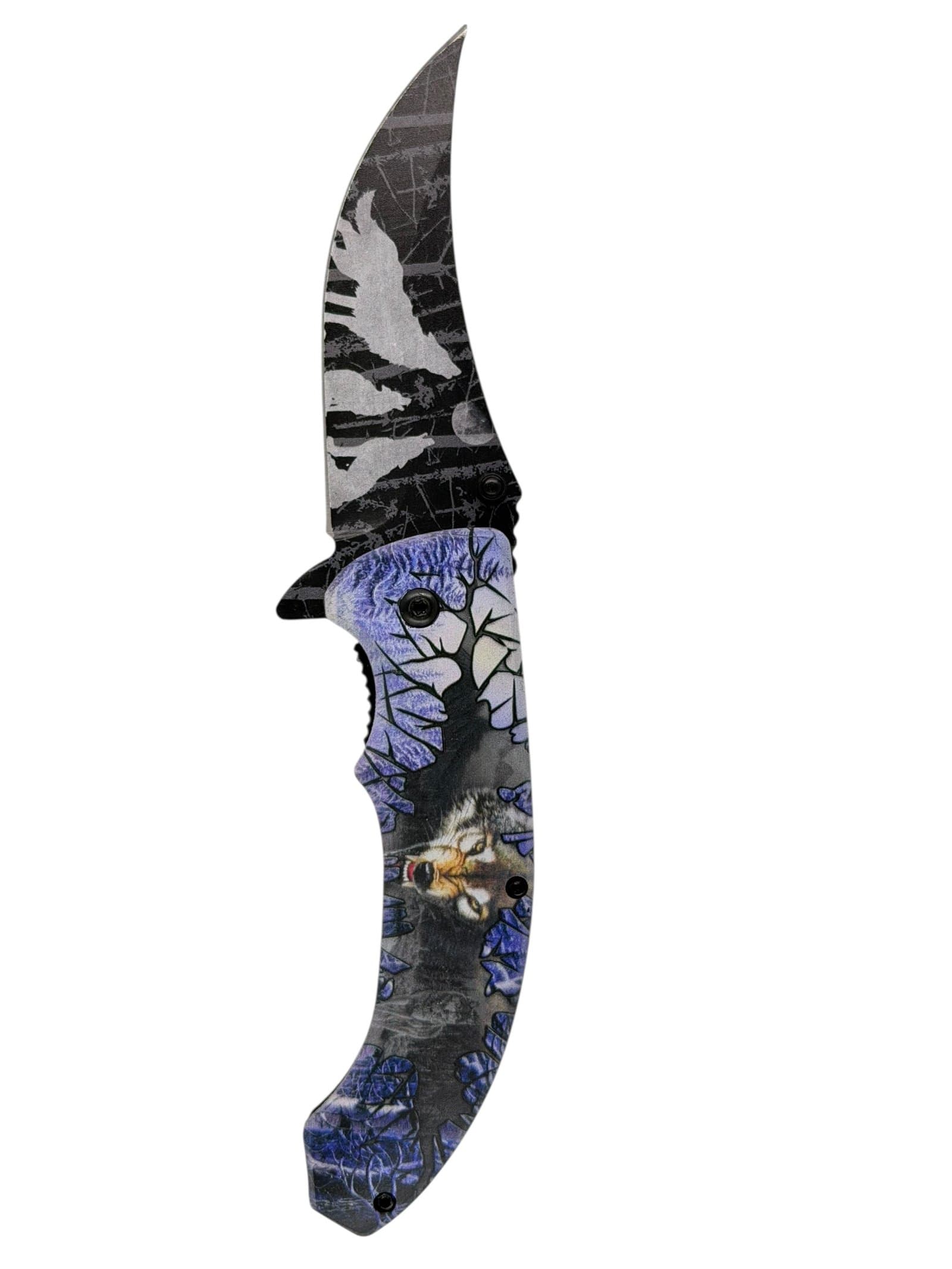 Wolf & Purple Moon Folding Pocket Knife – Black Graphic Blade